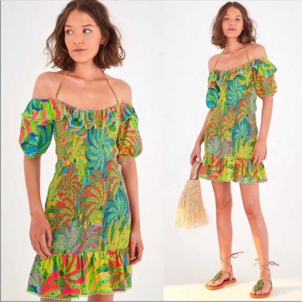 Farm Rio Green Ruched Neon Banana Mini Dress